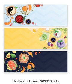 Juego de tres banderas horizontales superalimentarias con imágenes planas de platos con bayas verduras e ilustración vectorial de peces