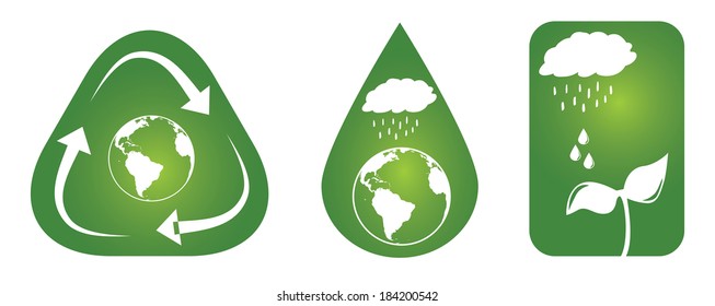 Set of three sustainable concepts. 1.Rain drops falling on planet earth, and the planet placed inside a water drop. 2. Rain drops falling on a little plant. 3. Recycling arrows surrounding the earth.