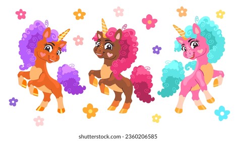 Conjunto de tres personajes de dibujos animados con flores. Ilustración vectorial aislada en un fondo blanco. Feliz unicornio mágico. Para impresión, diseño, afiche, pegatina, decoración, camiseta, ropa para niños