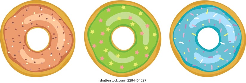 Set of three sweet donuts with different colorful glazes. Cartoon style tasty vector illustration	