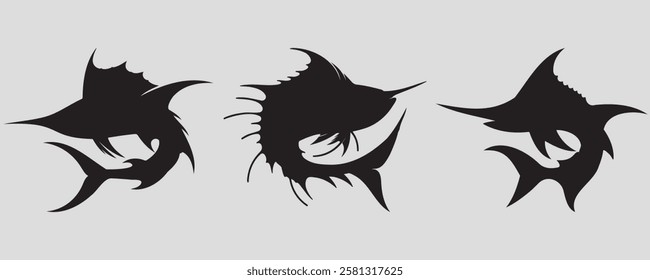 Set of three swordfish silhouettes featuring long, pointed bills, streamlined bodies, and sharp fins, embodying speed, power, and elegance in the marine world