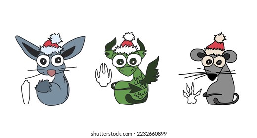 Set of three symbols of the Chinese horoscope: water rabbit, green tree dragon, metal rat. Merry Christmas animals from the Eastern calendar.