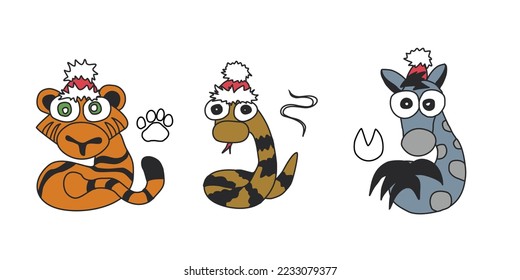 Set of three symbols of the Chinese horoscope: water tiger, tree snake, fire horse. Merry Christmas animals from the Eastern calendar.