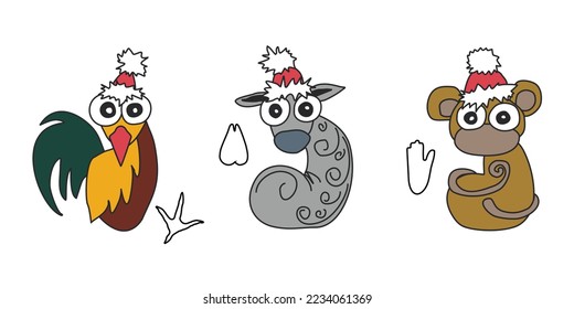 Set of three symbols of the Chinese horoscope: rooster, sheep, monkey. Merry Christmas animals from the Eastern calendar.