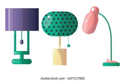 Set of three table lamps of different shapes and colors. Vector illustration in flat cartoon style.