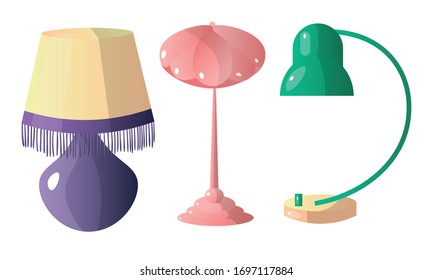 Set of three table lamps of different shapes and colors. Vector illustration in flat cartoon style.