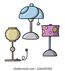 A set of three table lamps with different shades, a vector illustration in cartoon style on a white background.