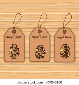 Set of three tags with Easter eggs. Easter illustration.