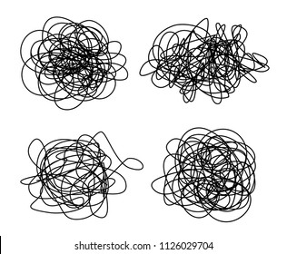 Set of three tangled grungy round scribbles hand drawn with thin line, isolated on white background. Vector illustration