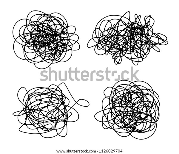 Set of\
three tangled grungy round scribbles hand drawn with thin line,\
isolated on white background. Vector\
illustration