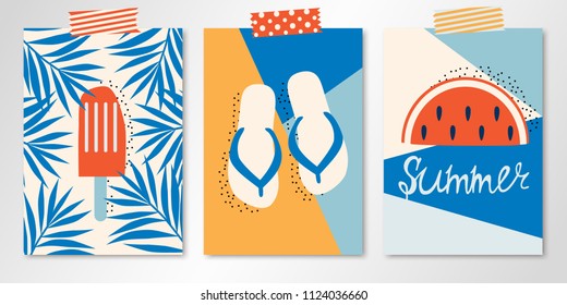 Set of three taping vector summer cards with ice cream in palm leaves, sandals and watermelon. All isolated and layered