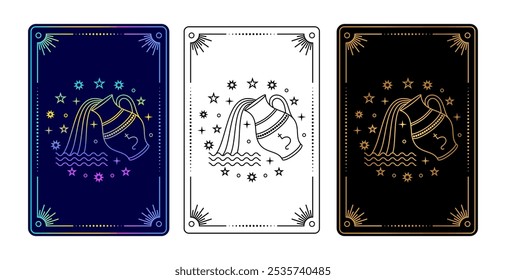 Conjunto de três cartas de tarô com signo do zodíaco de Aquário em gradiente, preto e branco, e ouro em variações pretas.