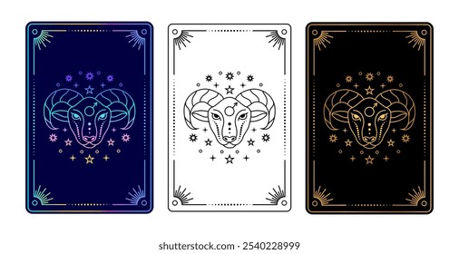 Conjunto de três cartas de tarô com sinal de zodíaco de Aries em gradiente, preto e branco, e ouro em variações pretas.