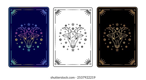 Conjunto de três cartas de tarô com signo do zodíaco de Capricórnio em gradiente, preto e branco, e ouro em variações pretas.