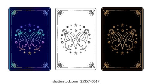 Set of three tarot cards with  Genini zodiac sign in gradient, black and white, and gold on black variations.