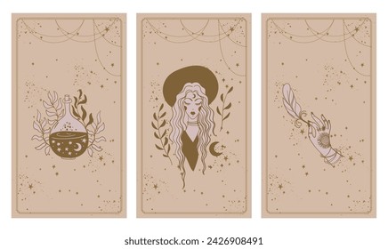 Set of three tarot cards, heavenly and mystical motifs, witch with magic potion, female hand with feather, boho tattoos, vector illustration.