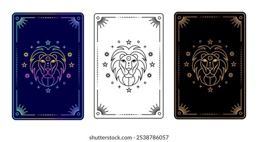 Conjunto de três cartas de tarô com sinal de zodíaco Leo em gradiente, preto e branco, e ouro em variações pretas.