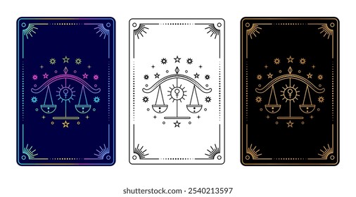 Set of three tarot cards with  Libra zodiac sign in gradient, black and white, and gold on black variations.