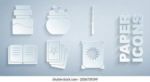 Set Three tarot cards, Magic wand, Ancient magic book, Witch cauldron and Bottle with potion icon. Vector