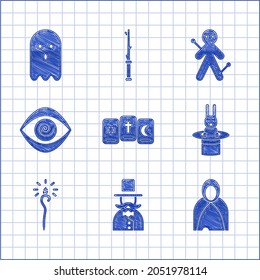 Set Three tarot cards, Magician, Mantle, cloak, cape, hat and rabbit, staff, Hypnosis, Voodoo doll and Ghost icon. Vector