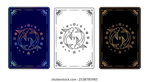 Conjunto de três cartas de tarô com sinal do zodíaco de Peixes em gradiente, preto e branco, e ouro em variações pretas.