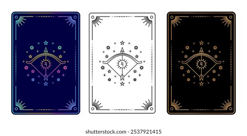 Conjunto de três cartas de tarô com sinal do zodíaco de Sagitário em gradiente, preto e branco, e ouro em variações pretas.