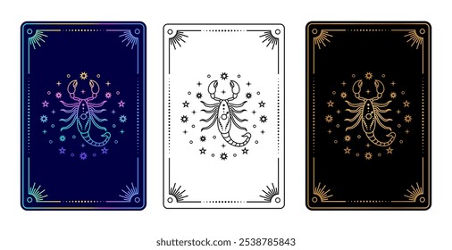 Conjunto de tres cartas de tarot con gradiente de Iniciar sesión del zodiaco Escorpio, blanco y negro, y oro sobre variaciones negras.