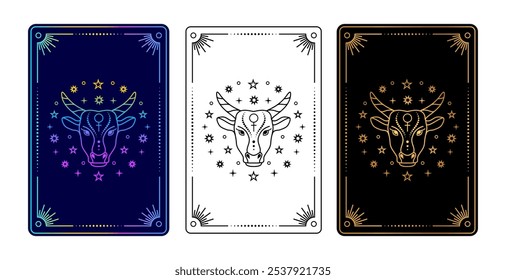 Conjunto de tres cartas de tarot con gradiente de Iniciar sesión del zodiaco de Tauro, blanco y negro, y oro sobre variaciones negras.