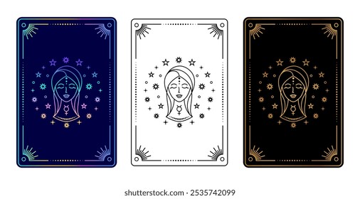 Conjunto de três cartas de tarô com signo do zodíaco de Virgem em gradiente, preto e branco, e ouro em variações pretas.