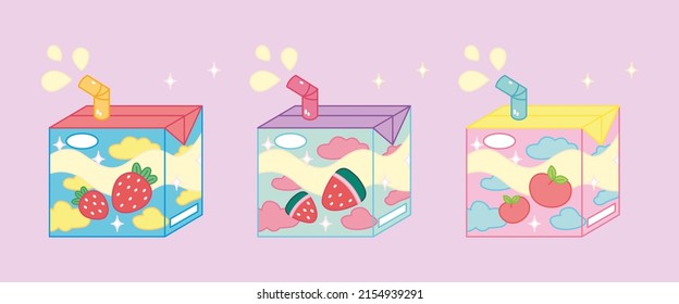 Set of three tasty juice boxes. Strawberry, peach and watermelon Asian product. Cute bright tasty milk. Kawaii Japanese style. Soft Drink in paper box.  Hand drawn color trendy vector illustration.