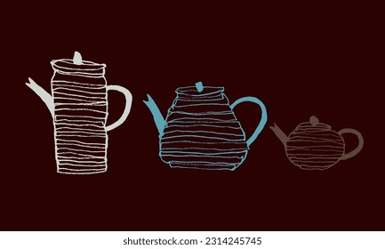 Set of three teapots of different types and sizes. Vector, hand drawing, doodle, sketch. Tea, coffee, hot drinks, kitchen utensils. Colored on a dark background. Eps10