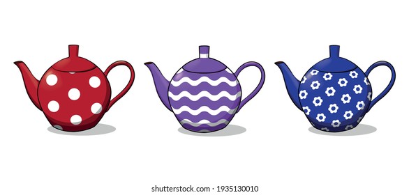 Set of three teapots isolated on a white background. Red, purple and blue porcelain teapots with patterns. Vector illustration