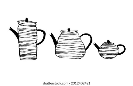 Set of three teapots. Vector, hand drawing, doodle, sketch. Tea coffee. Black on a white background. Eps10