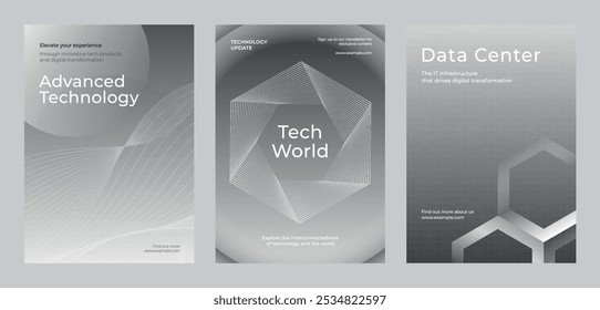 Set von drei Plakaten zum Thema Technologie. Fortschrittliche Technologie, Technologiewelt und Rechenzentrumskonzepte. Modernes Design mit geometrischen Mustern und Grautönen.