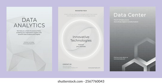 Set of three tech-themed posters with abstract designs. Keywords: technology, tech strategy, data center. Gray tones, modern style, tech focus. Advanced technology gray template vector set.