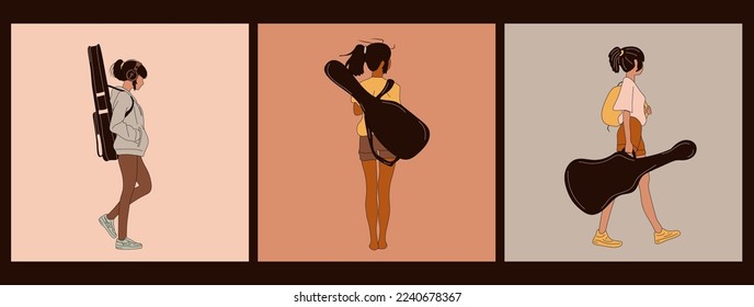 Set of three Teen Girl with Guitar Case. Vector Illustration. Anime style