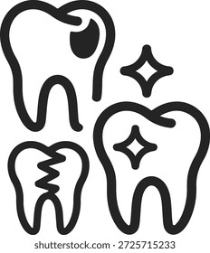 Um conjunto de três ícones de dentes com diferentes condições