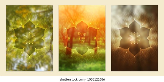 Set of three template for card or poster, vertical format; Spiritual sacred geometry; "Flower of life" and lotus on psychedelic natural blurred background; Yoga, meditation and relax.