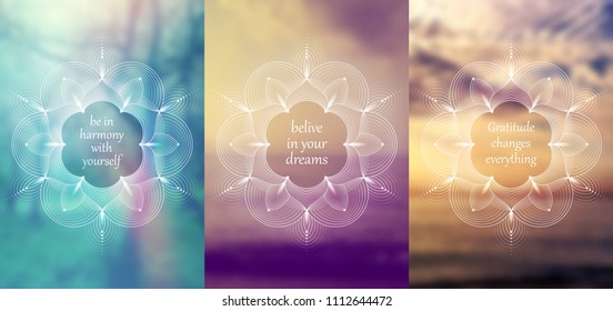 Set of three template for card or poster, vertical format; Spiritual sacred geometry on blurred background with place for your text; "Flower of life" and lotus; Yoga, meditation and relax.