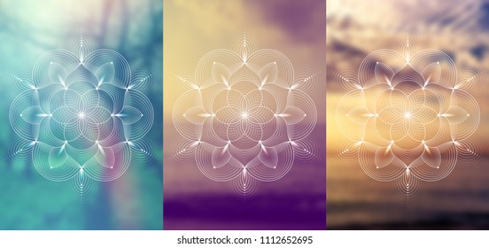 Set of three template for card or poster, vertical format; Spiritual abstract sacred geometry on wonderful blurred background; "Flower of life" and lotus; Yoga, meditation and relax.