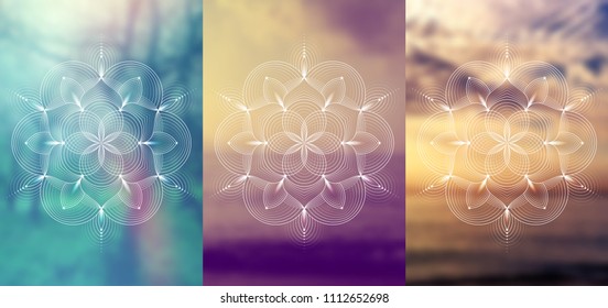 Set of three template for card or poster, vertical format; Spiritual abstract sacred geometry on wonderful blurred background; "Flower of life" and lotus; Yoga, meditation and relax.