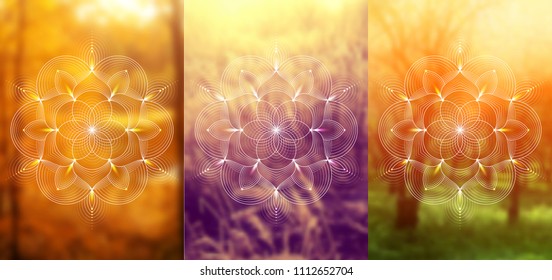 Set of three template for card or poster, vertical format; Spiritual abstract sacred geometry on wonderful blurred background; "Flower of life" and lotus; Yoga, meditation and relax.