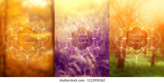 Set of three template for card or poster, vertical format; Spiritual sacred geometry on blurred background with place for your text; "Flower of life" and lotus; Yoga, meditation and relax.