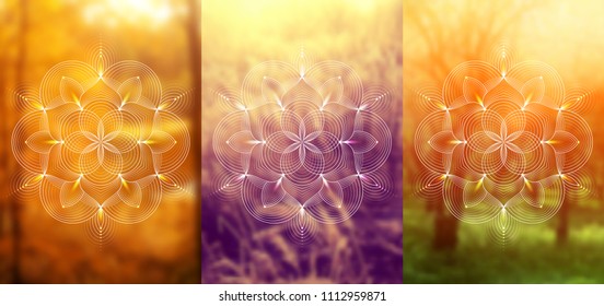 Set of three template for card or poster, vertical format; Spiritual abstract sacred geometry on wonderful blurred background; "Flower of life" and lotus; Yoga, meditation and relax.