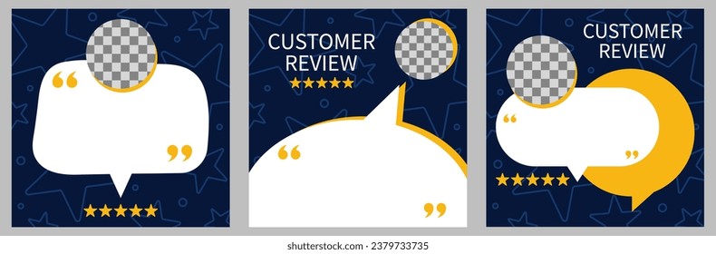 Set of three template with speech bubble for customer feedback, testimonial or review quote on dark blue background. Empty speech bubble frame with quotation marks and copy space for quotes.