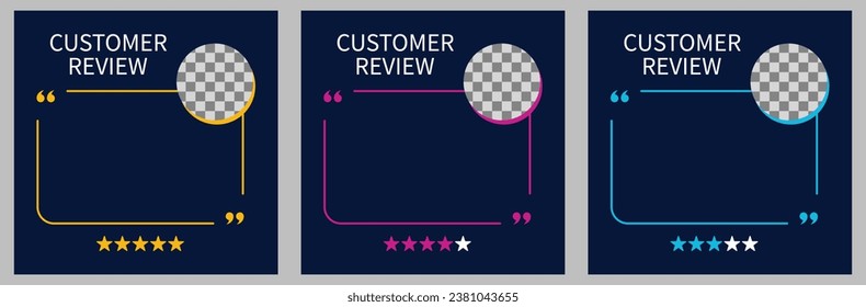 Set of three template with speech bubble for customer feedback, testimonial or review quote on dark blue background. Empty speech bubble frame with quotation marks and copy space for quotes.