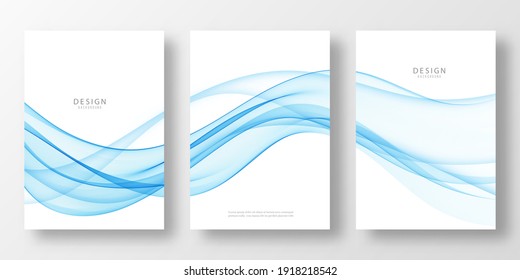 Set Of Three Templates With Blue Flow Transparent Wave Template Design For Brochure, Poster, Cover, Invitation, Annual Report.