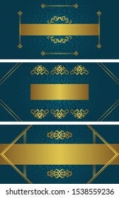 Set of three templates for cards, invitations and other. Vintage luxury gold décor, blue background   