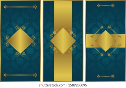Set of three templates for cards, invitations and other. Vintage luxury gold decoration and blue background   