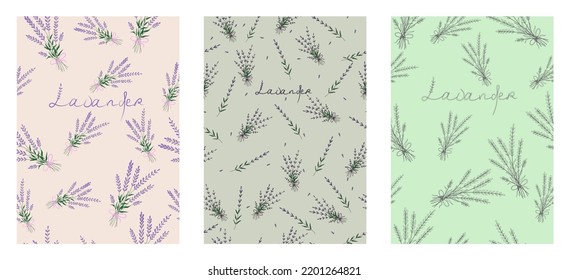 Conjunto de tres plantillas para cubiertas para diarios y portátiles con escarabajos de lavanda sobre fondo morado y verde. Patrones de vectores sin fisuras con flores